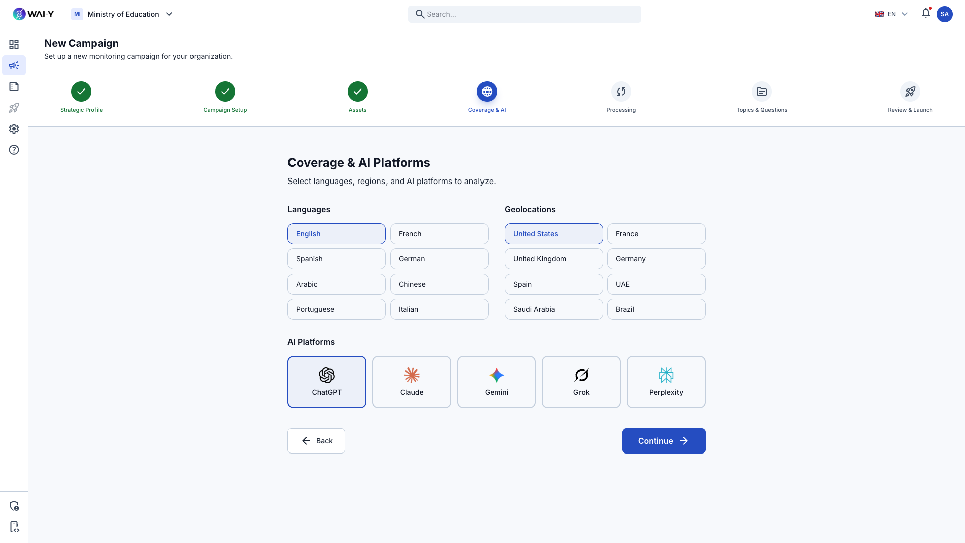 Wai-Y Campaign Wizard — Select languages, geolocations, and AI platforms to analyze