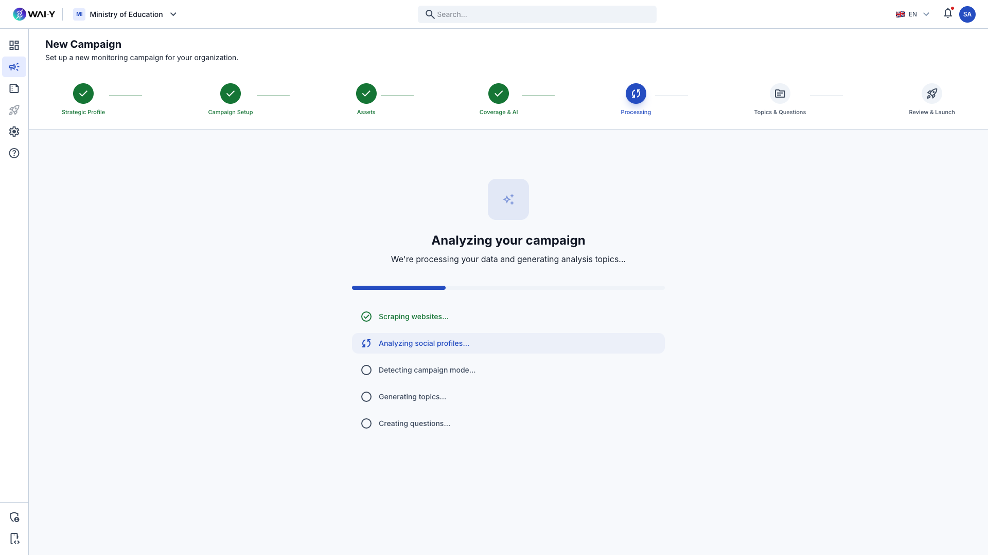Wai-Y Campaign Wizard — AI processing step: scraping websites, analyzing profiles, generating topics