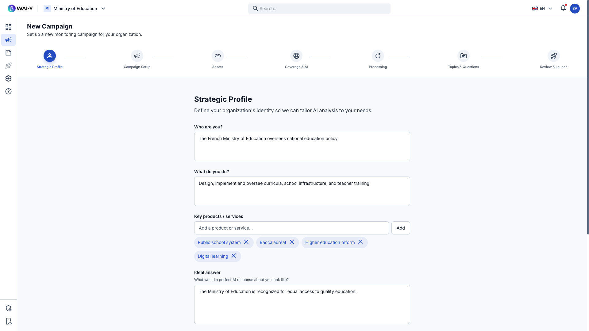 Wai-Y Campaign Wizard — Define your strategic profile, key products, and ideal AI answer
