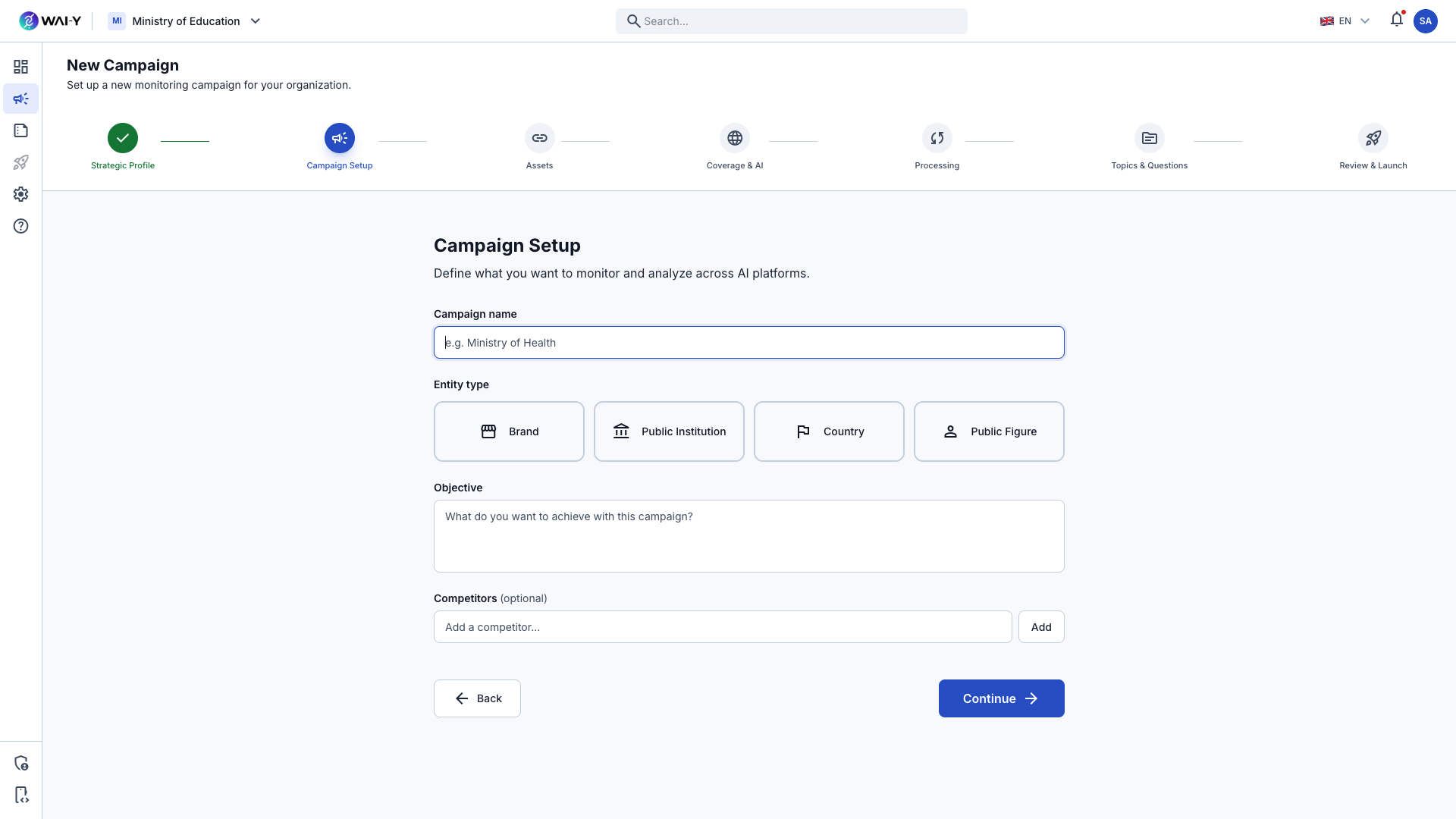 Wai-Y Campaign Wizard — Name your campaign, select entity type, set objectives and competitors