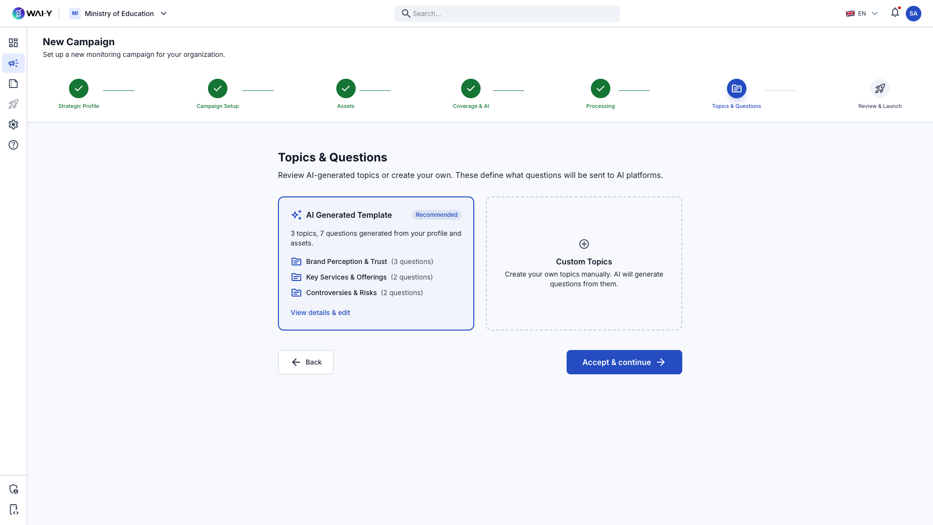 Wai-Y Campaign Wizard — Review AI-generated topics and questions or create custom ones